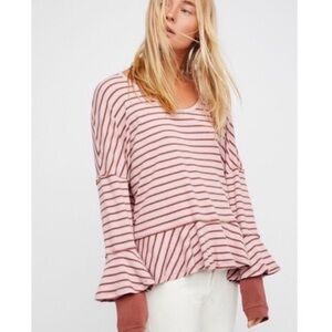 Free People Peplum Hem Striped Top Blouse SMALL boho long sleeve NWOT oversized